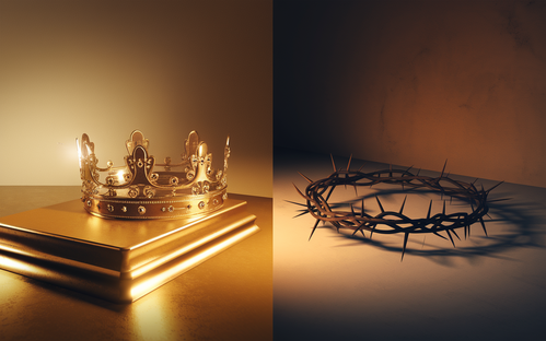 Two symbolic crowns side by side: one, a polished golden crown with jewels on a pedestal, representing Herod’s earthly ambition, and the other, a simple crown of thorns on rough wood, symbolizing Jesus’ humility and sacrifice. The background softly blends light and shadow, illustrating the contrast between their kingdoms.