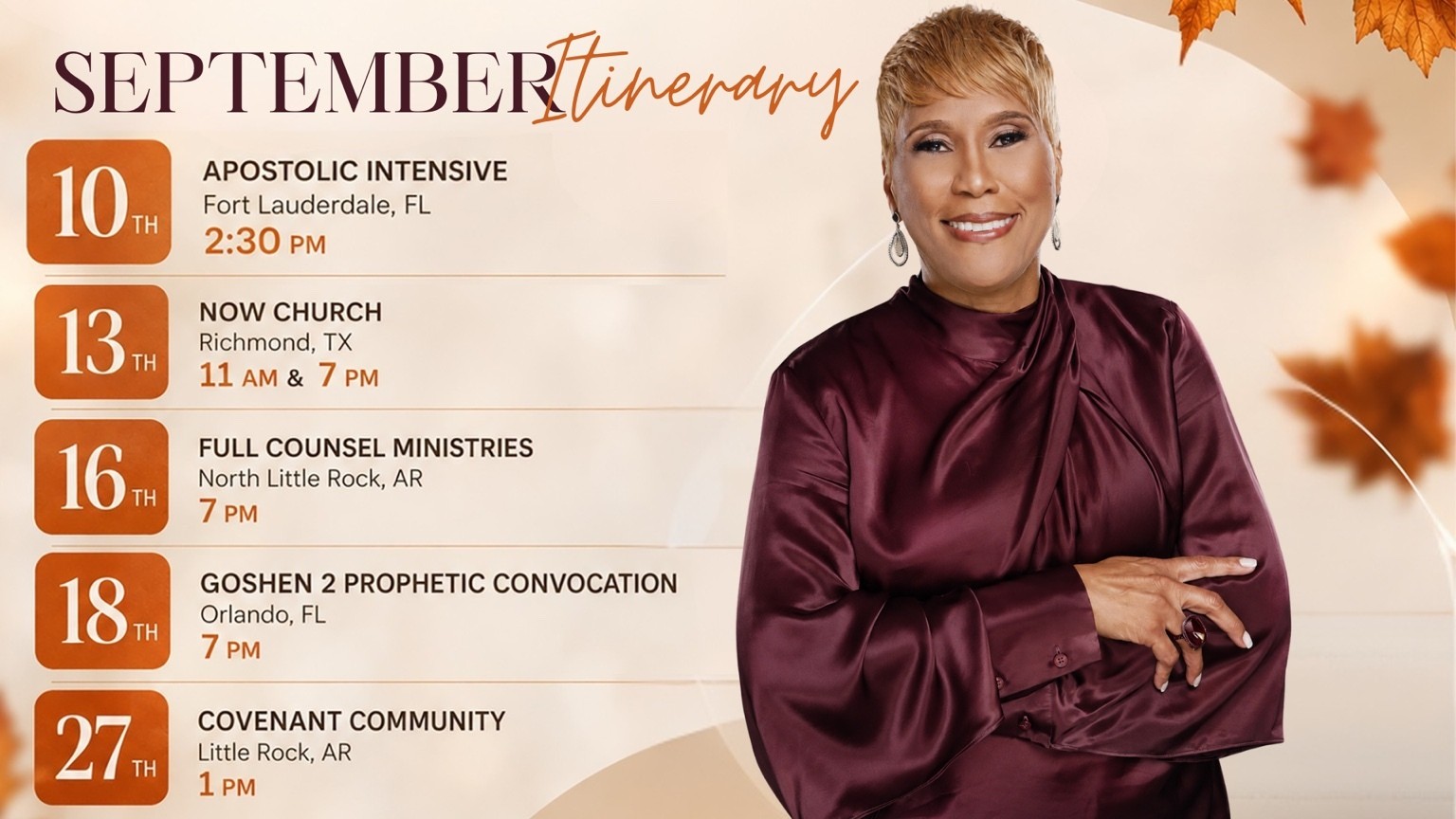 Dr. Sharon Nesbitt September 2026 itinerary: September 10, 13, 16, 18 and 27