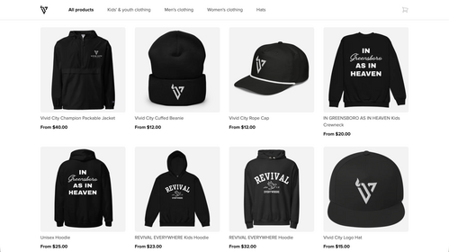 Vivid City Church merch including shirts and hats available in Greensboro NC