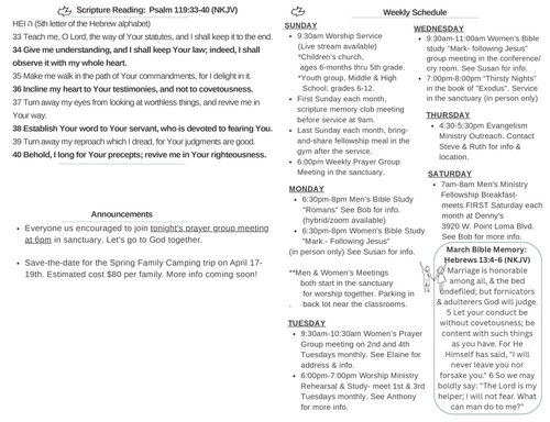 Scripture Reading, Announcements, weekly schedule