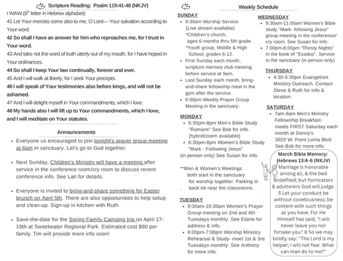 Scripture Reading, Announcements, weekly schedule