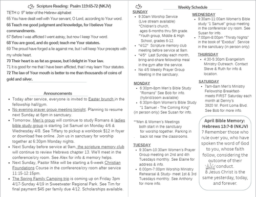 Scripture Reading, Announcements, weekly schedule