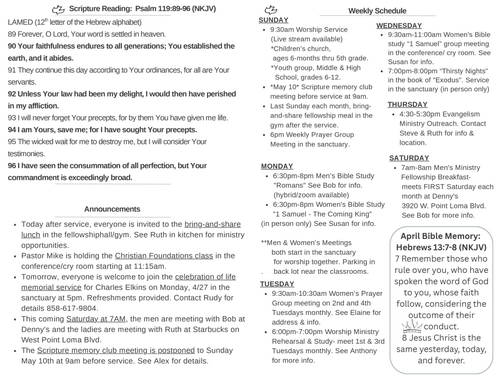 Scripture Reading, Announcements, weekly schedule