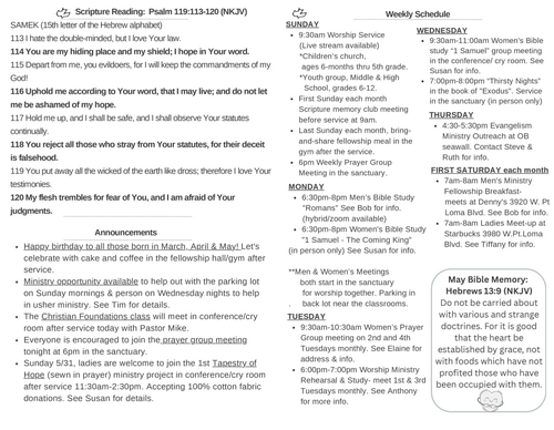 Scripture Reading, Announcements, weekly schedule