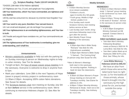 Scripture Reading, Announcements, weekly schedule