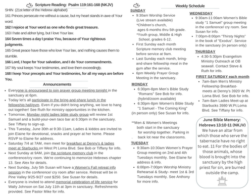 Scripture Reading, Announcements, weekly schedule