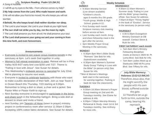 Scripture Reading, Announcements, weekly schedule