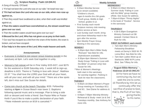 Scripture Reading, Announcements, weekly schedule