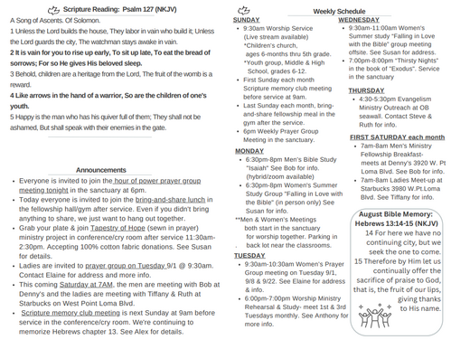 Scripture Reading, Announcements, weekly schedule