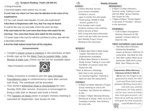 Scripture Reading, Announcements, weekly schedule