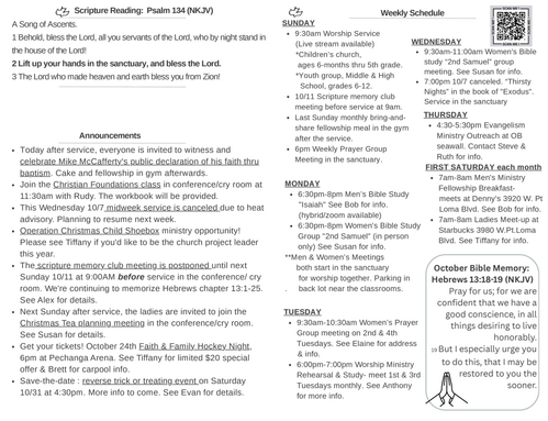Scripture Reading, Announcements, weekly schedule