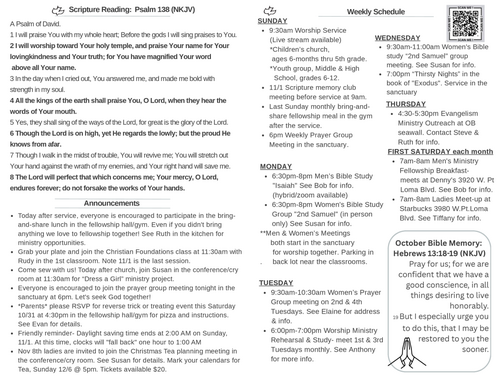 Scripture Reading, Announcements, weekly schedule