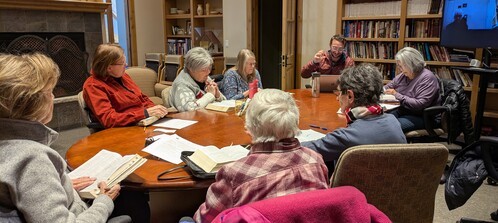 Women's Bible Study group in library