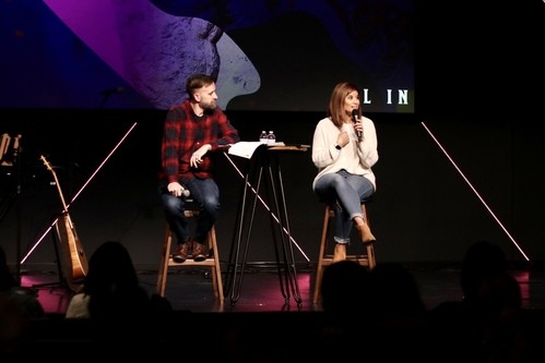 Joel and Christina talking to church congregation in Fredericksburg Virginia
