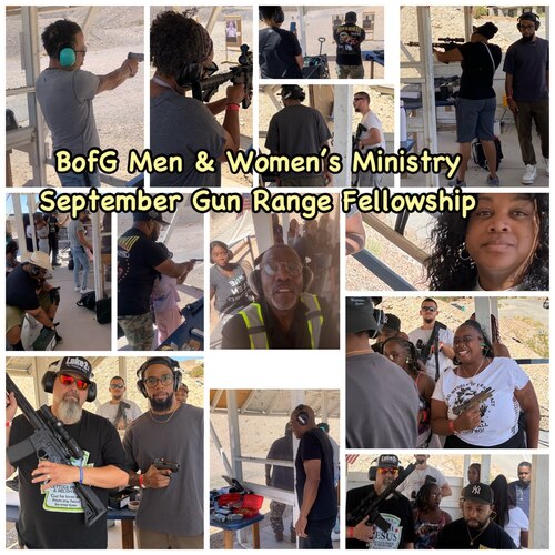 Balm of Gilead Men's and Women's Ministry members at a September gun range fellowship in Las Vegas