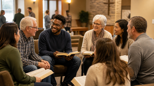 Praise Tabernacle members studying Scripture together in a Bible study setting