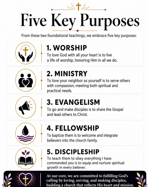 Infographic titled &ldquo;Five Key Purposes&rdquo; showing five church purposes based on foundational teachings: Worship, Ministry, Evangelism, Fellowship, and Discipleship, each with a matching icon and short description, plus a closing statement about loving, serving, and making disciples.