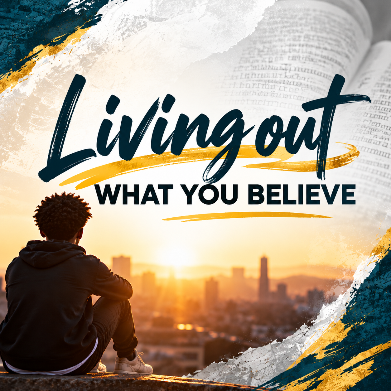 Graphic titled Living Out What You Believe: a young person in a hoodie sits on a ledge at sunrise, looking out over a city, with an open Bible in the background.