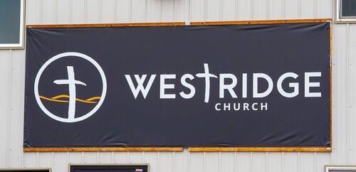 The Westridge Church banner hanging inside the building