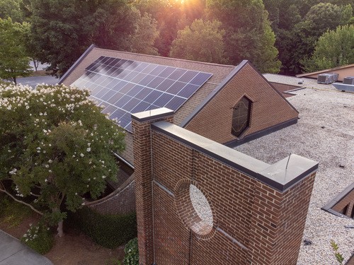 Aerial view of solar panels on sanctuary roof