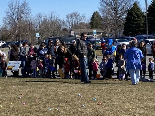 Preparing Easter egg hunt, scattering the eggs