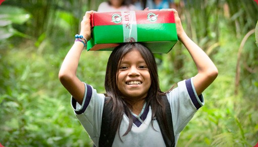 A girl smiling as she holds a shoebox above her head