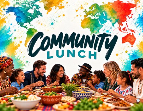 Community Lunch graphic featuring a colorful world map and diverse families sharing a meal together, with the date October 18th and an arrow for more information.
