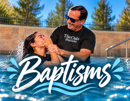 Joyful outdoor baptism with a pastor helping a woman out of the water, featuring the word &ldquo;Baptisms&rdquo; across the image.
