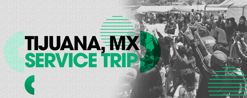 crowd of children with hands raised and a speaker giving candy; titled Tijuana Service Trip