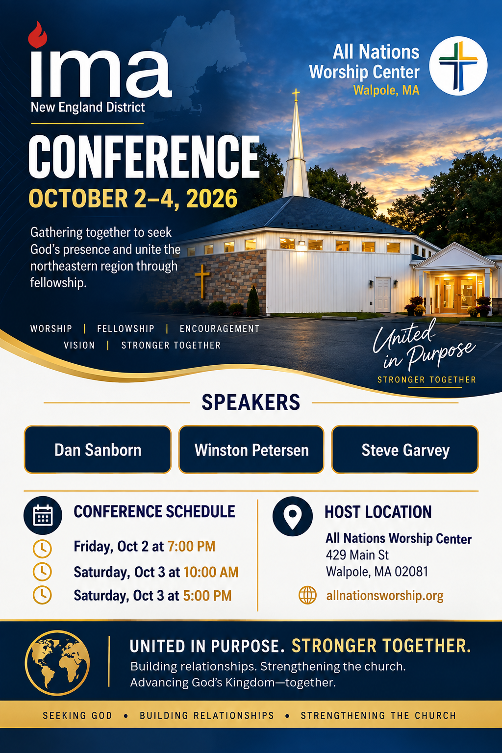 IMA New England District Conference flyer — October 2–4, 2026, All Nations Worship Center, Walpole MA