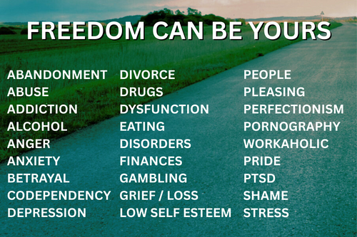 freedom can be yours from abandonment, abuse, addiction, alcohol, anger, anxiety, betrayal, codependency, depression, devorce, drugs, dysfunction, eating disorders, finances, gambling, grief or loss, low self esteem, people pleasing, perfectionism, pornography, workaholic, pride, ptsd, shame, stress