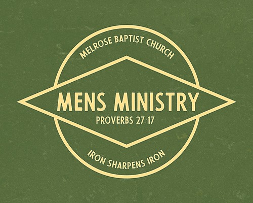 A graphic for Mens Ministry with a dark green textured background. The wording is placed within a triangle in the middle of the graphic with a circle behind it. 