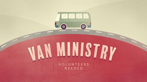 A graphic with a tan background. A grey depiction of a road runs from the left to right of the graphic with the bottom space in red. A light green bus with black wheels and red lights is placed in the middle of the road. In the red space the words Van Ministry and Volunteers Needed are placed.