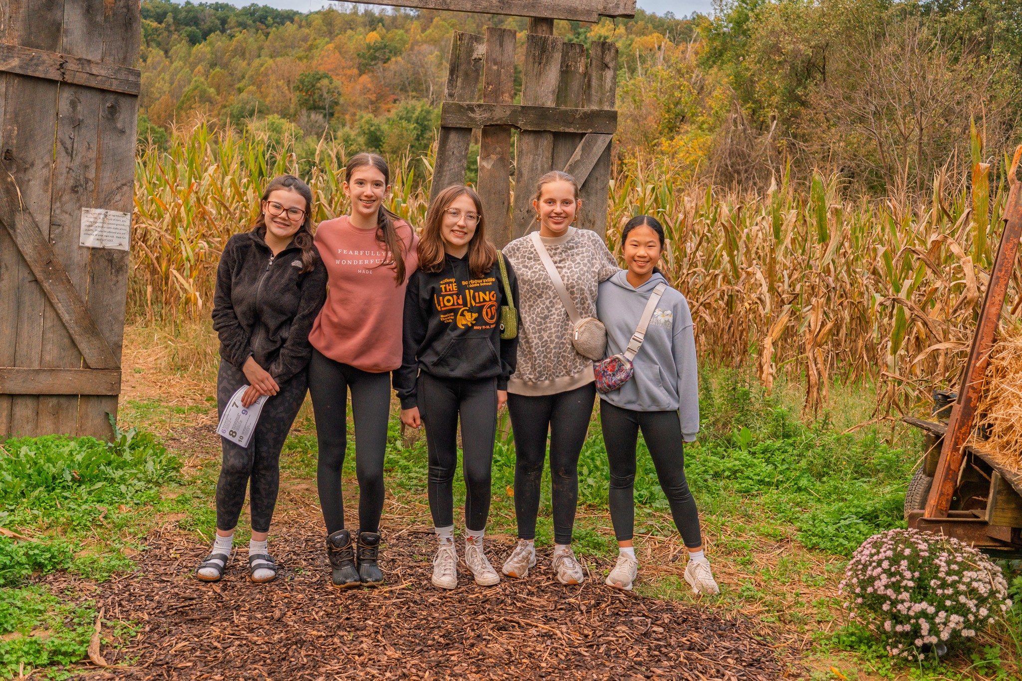 Five Ridge Students girls smiling together at the corn maze
