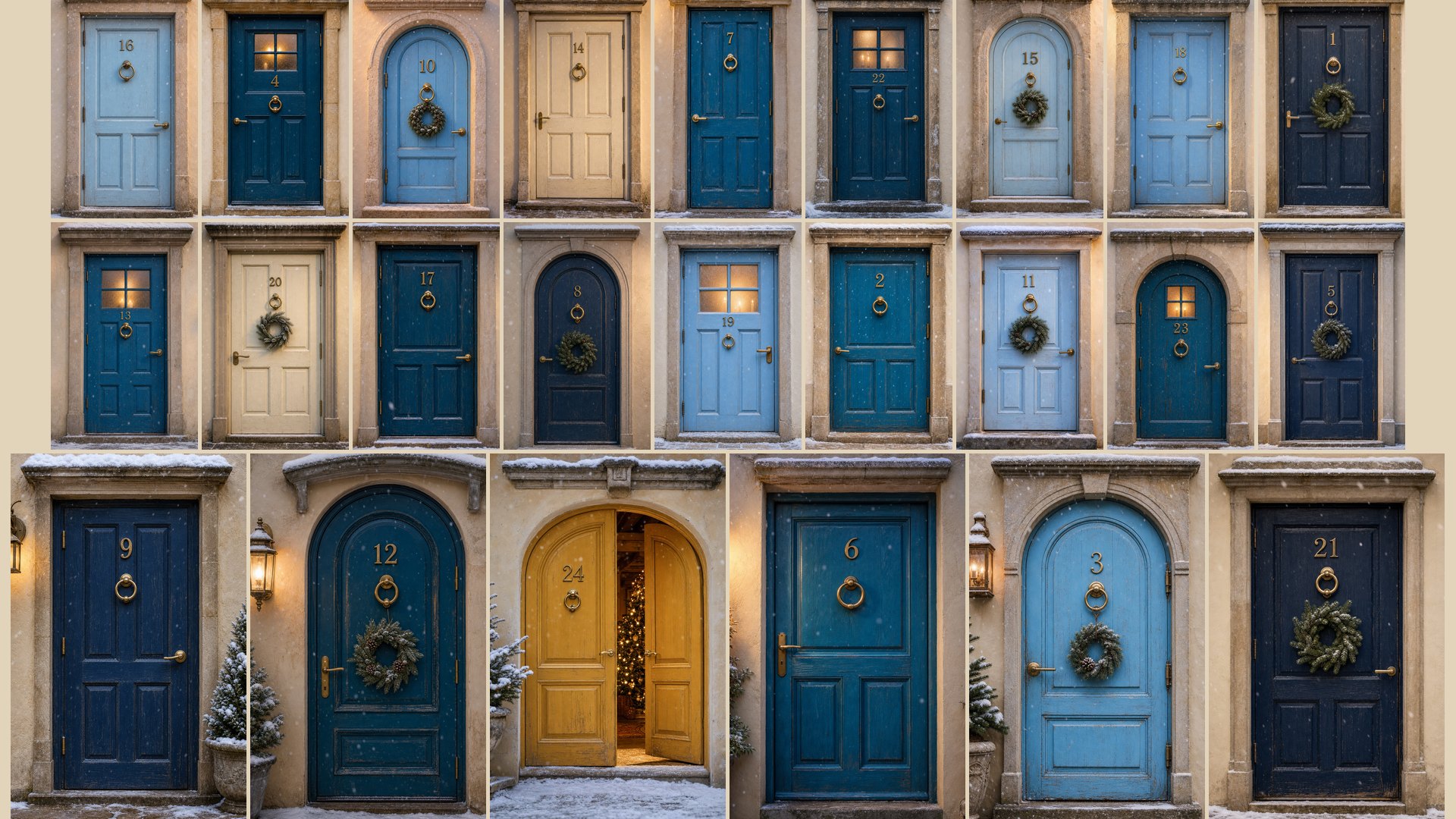 A wall of twenty-four blue doors in the snow, one gold door standing open
