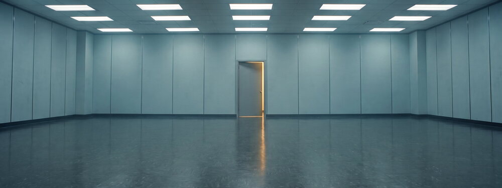 The room Middle Management is set in, with one door open and lit