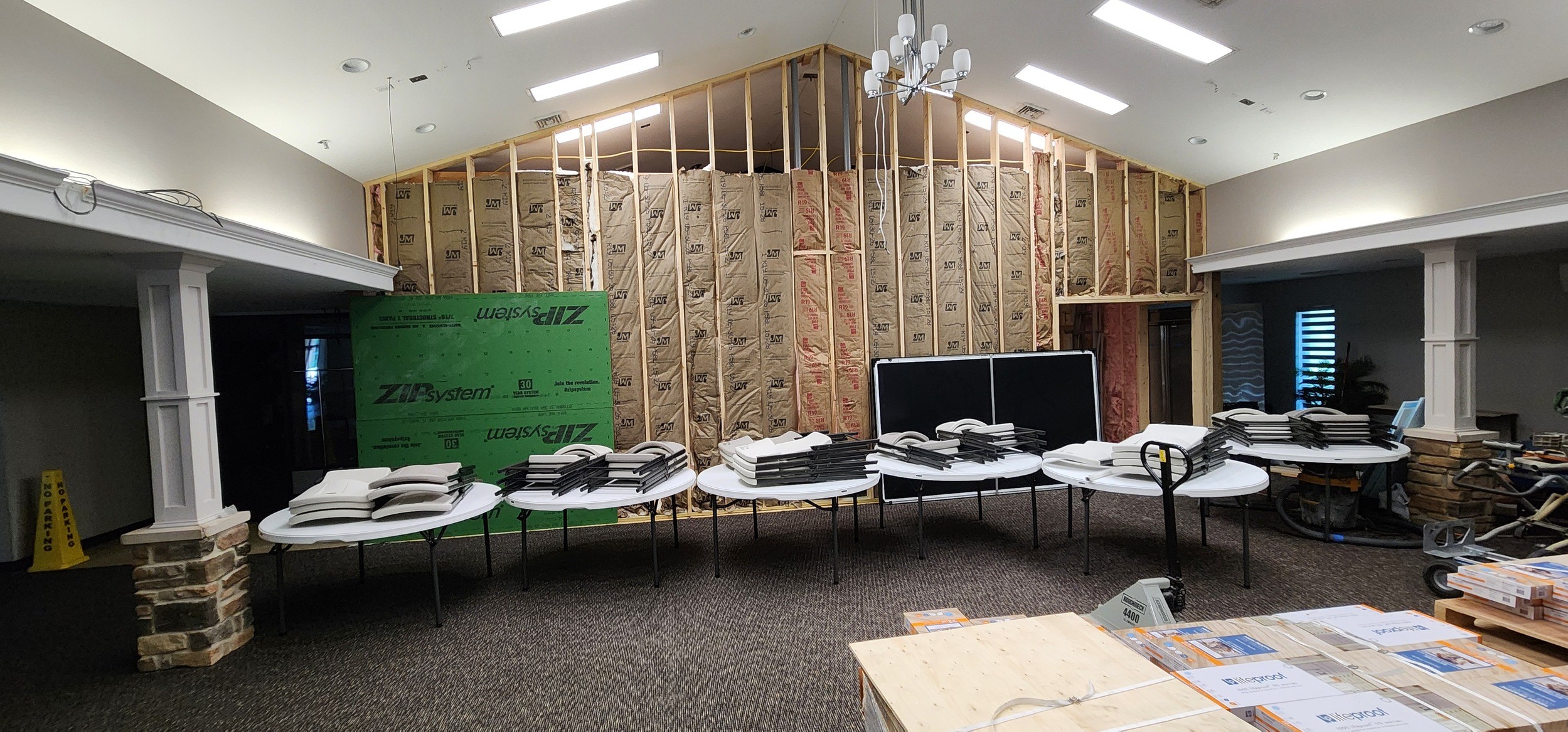 New wall added to expand the sanctuary and house the new A/V booth