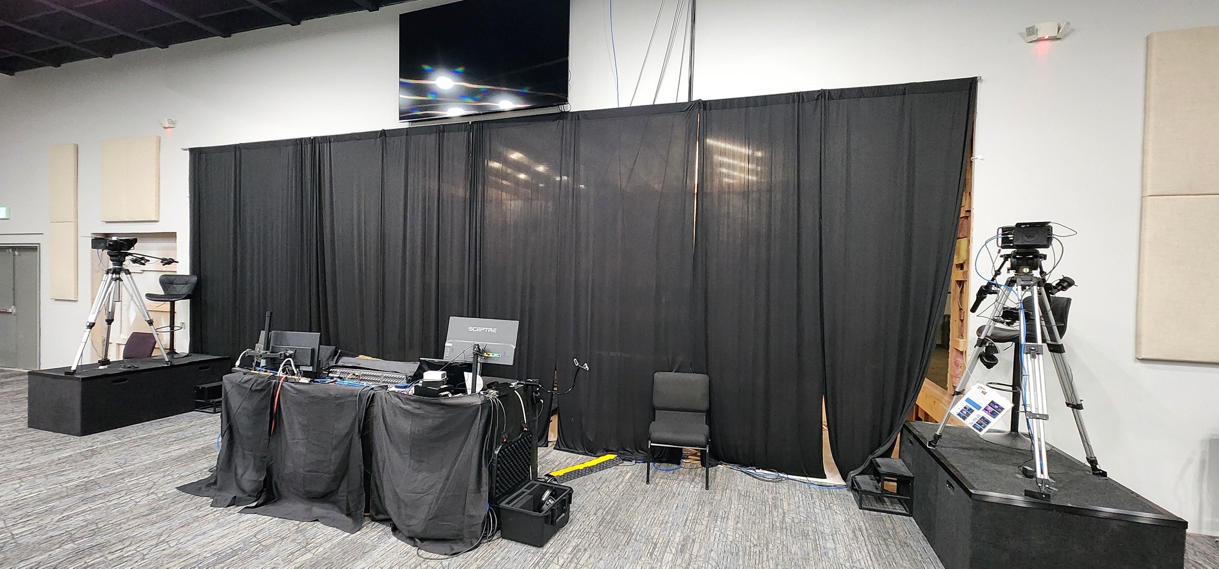 Curtains temporarily separating the new A/V area from the sanctuary