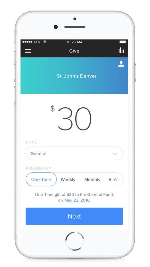 Smartphone with the St. John's giving app showing