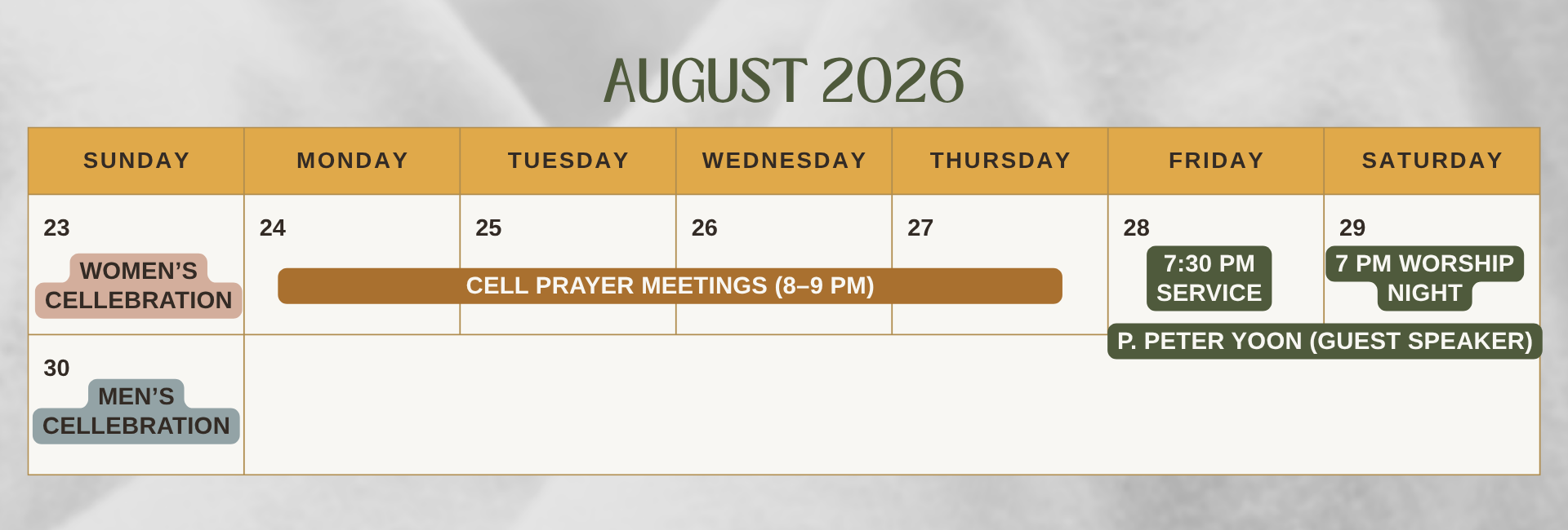 CELLebration Week calendar for August 2026: Women's CELLebration on 8/23, Cell Prayer Meetings 8/24–8/27 from 8–9 PM, Evening Service with Pastor Peter Yoon on Friday 8/28 at 7:30 PM, Worship Night on Saturday 8/29 at 7 PM, and Men's CELLebration on 8/30.