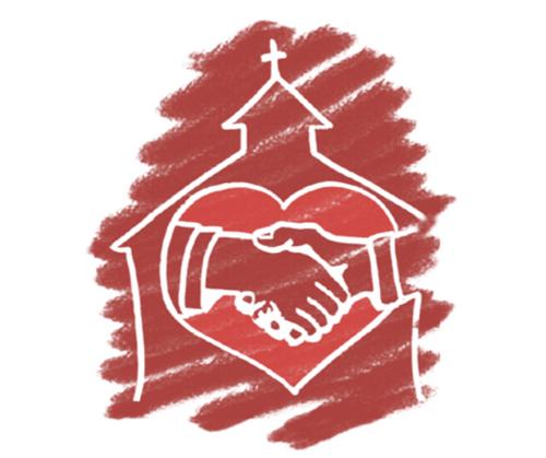 church with a heart and handshake inside