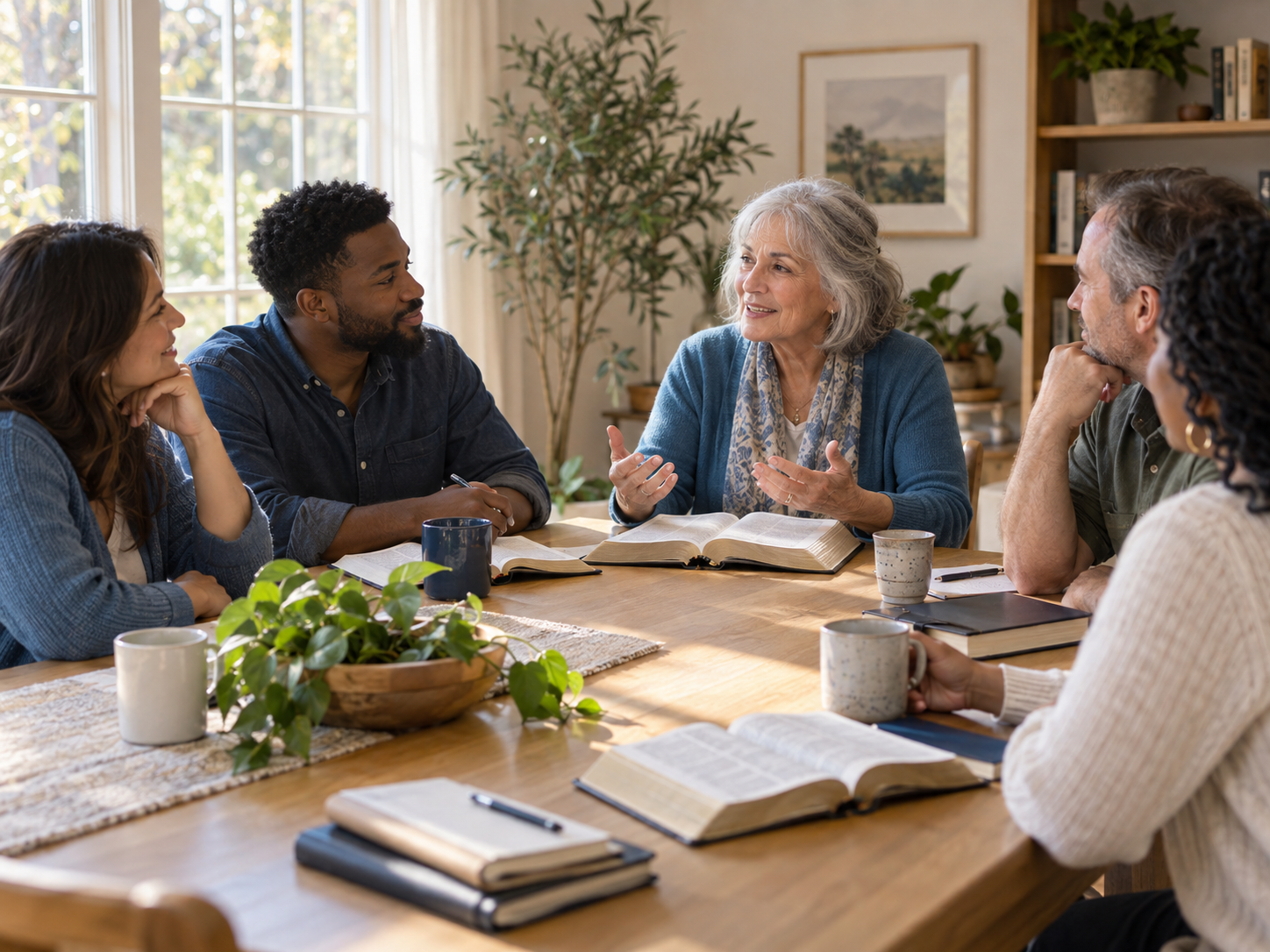 Adults reading and discussing the Bible together
