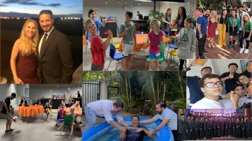 A collage with Jorge and Diana Lugo, various ministry events with youth, university students, and a baptism