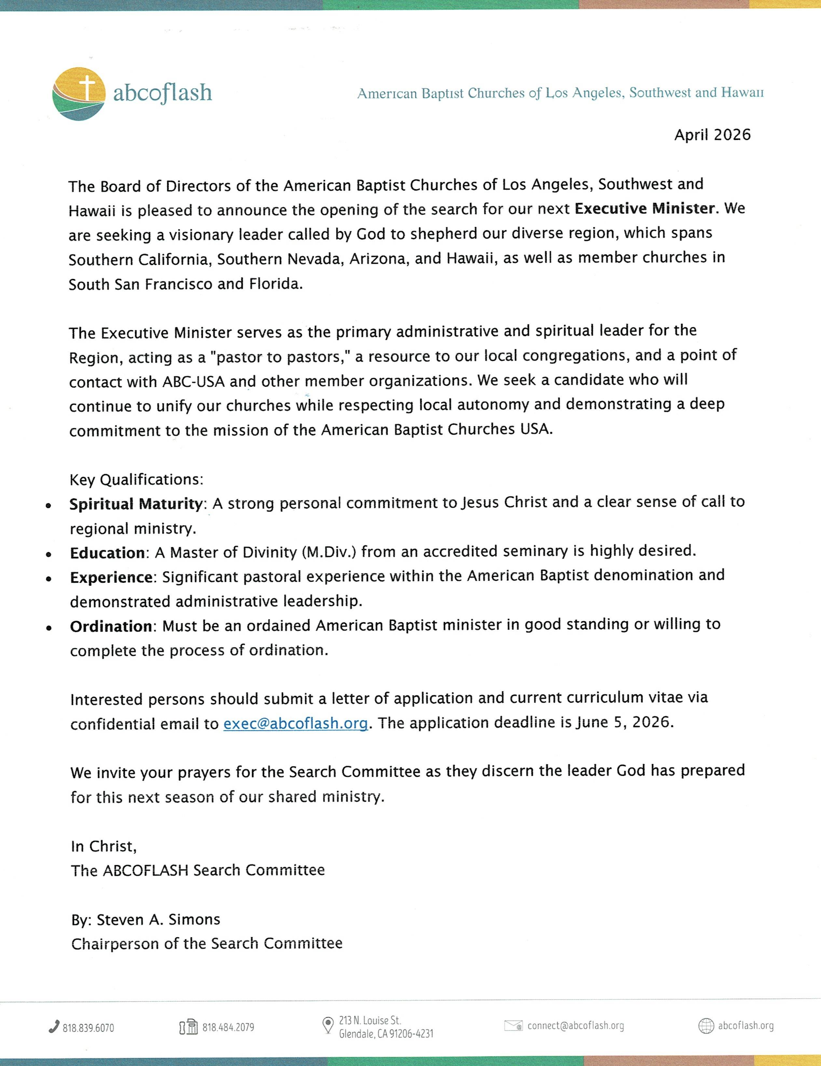 ABCOFLASH Executive Minister Position Announcement