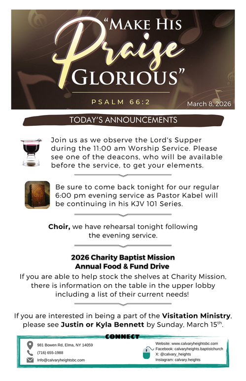 Weekly Bulletin for Calvary Heights Baptist Church