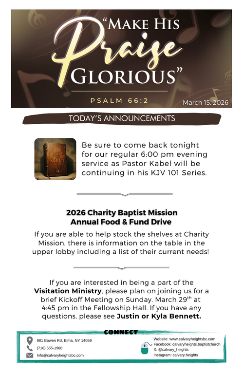 Weekly Bulletin for Calvary Heights Baptist Church
