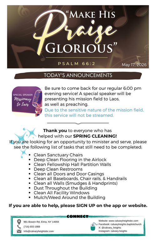 Weekly Bulletin for Calvary Heights Baptist Church
