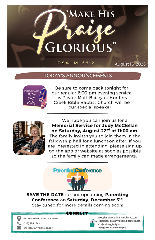 Weekly Bulletin for Calvary Heights Baptist Church