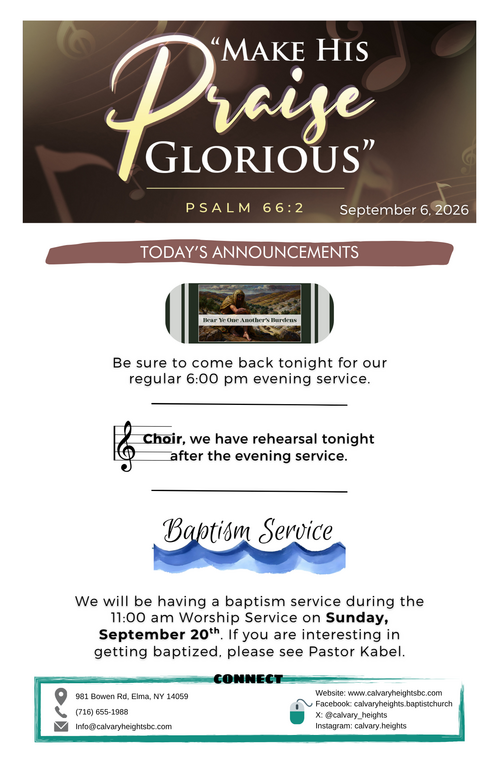 Weekly Bulletin for Calvary Heights Baptist Church