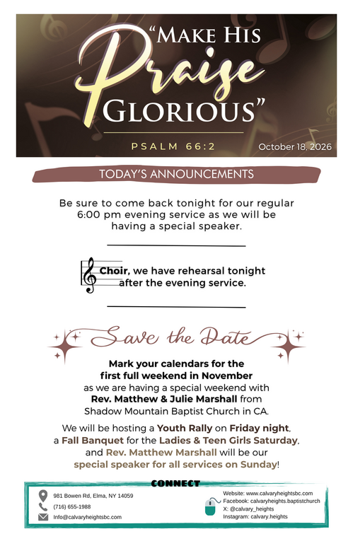 Weekly Bulletin for Calvary Heights Baptist Church